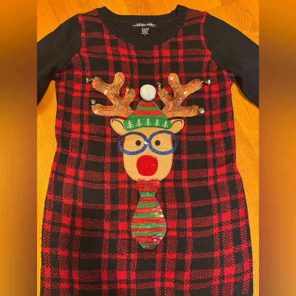 Women’s reindeer with glasses holiday Ugly Christmas long Sweater size small - Picture 2 of 4